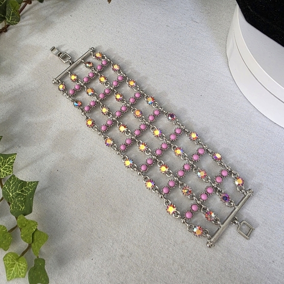 Vintage Wide Silver and Pink Lattice Bracelet - Picture 3 of 11
